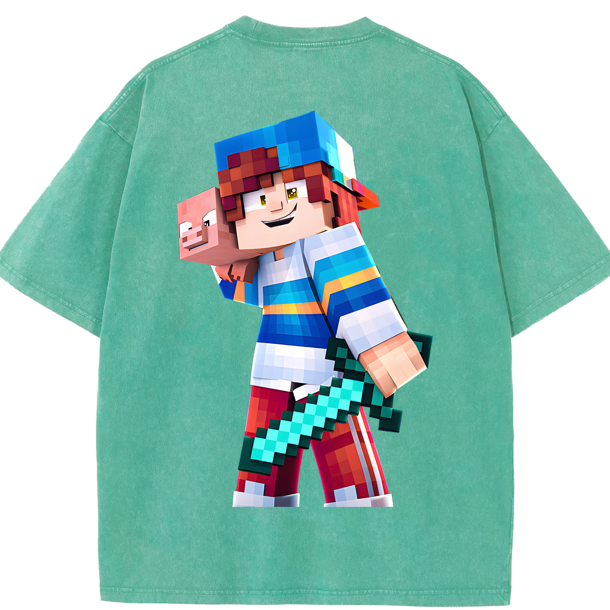 （画像用） マインクラフト ブロックの世界 Minecraft MC Block world 綿100% ヴィンテージ風 半袖Tシャツ（背面プリント）